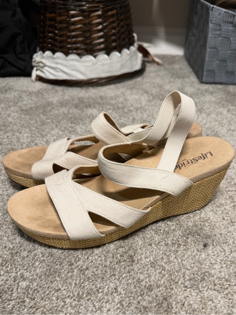 Life Stride Cream Canvas Crisscross Wedge Sandals